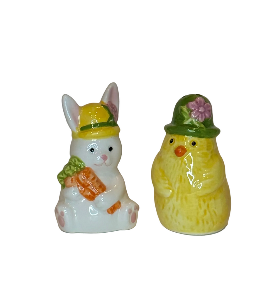Spring Chick and Bunny Salt and Pepper Shaker Set, Easter Decoration, Ceramic, Yellow and White, 3.25 Inches High, 2 Piece Set with Gift Box
