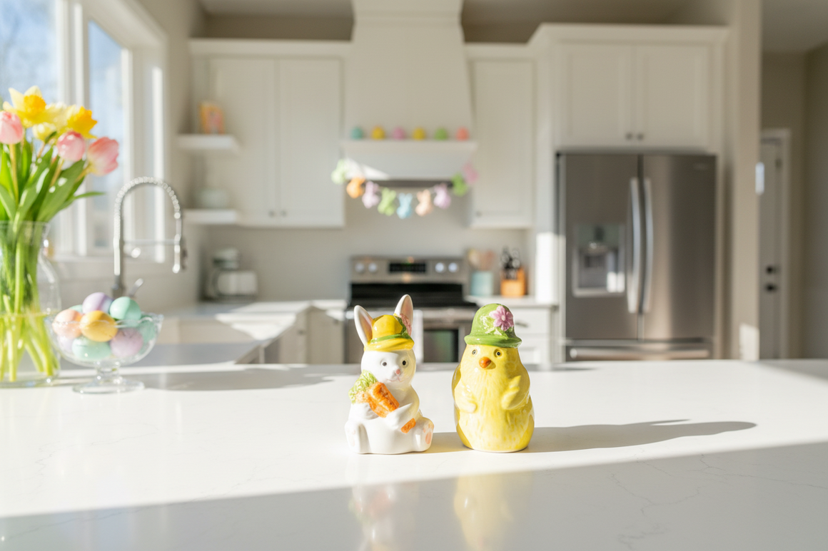 Spring Chick and Bunny Salt and Pepper Shaker Set, Easter Decoration, Ceramic, Yellow and White, 3.25 Inches High, 2 Piece Set with Gift Box