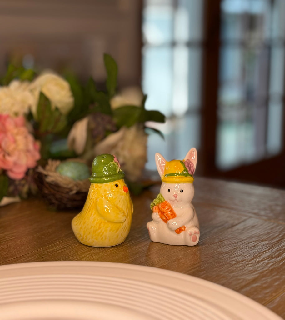 Spring Chick and Bunny Salt and Pepper Shaker Set, Easter Decoration, Ceramic, Yellow and White, 3.25 Inches High, 2 Piece Set with Gift Box
