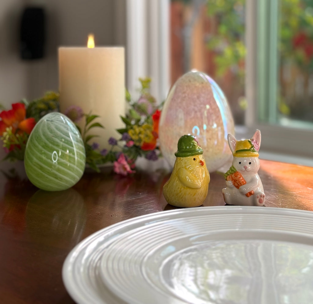 Spring Chick and Bunny Salt and Pepper Shaker Set, Easter Decoration, Ceramic, Yellow and White, 3.25 Inches High, 2 Piece Set with Gift Box