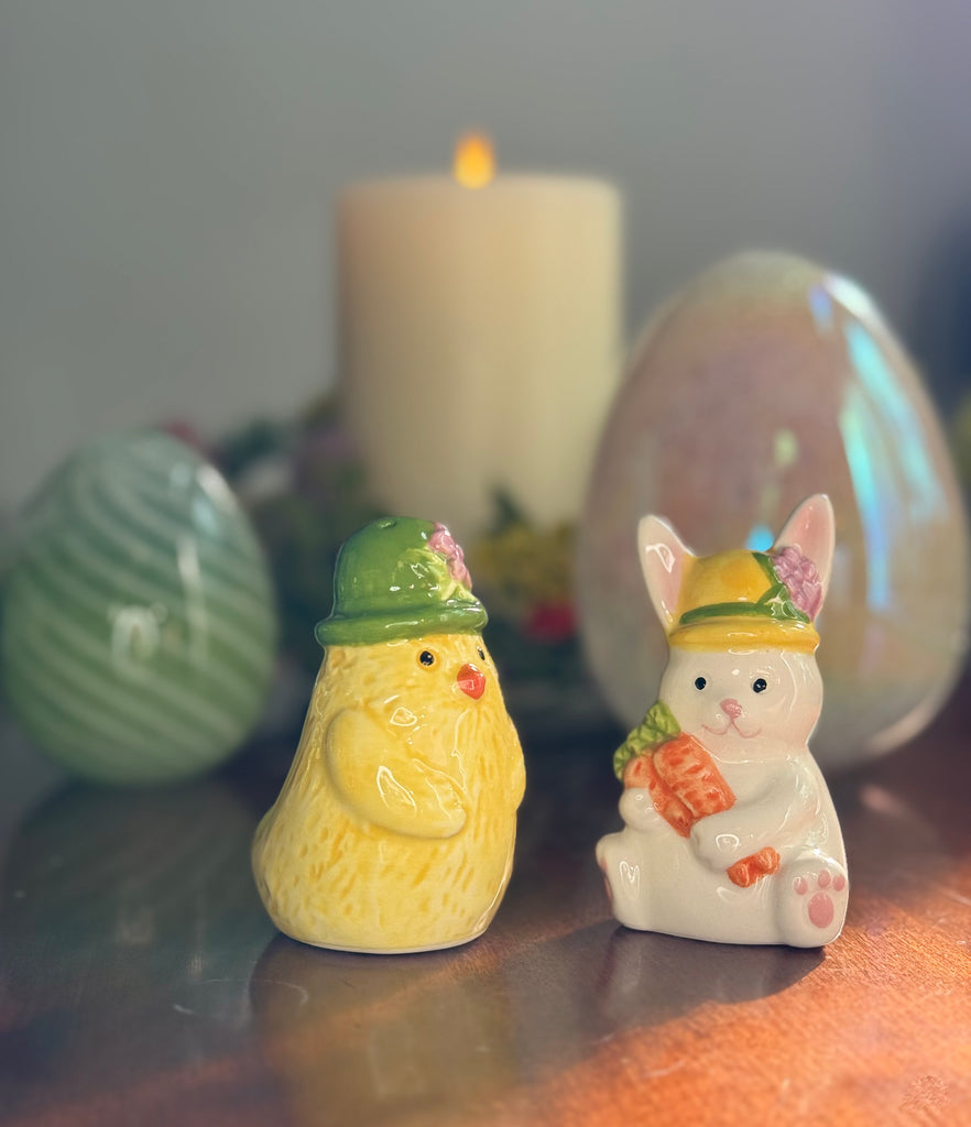 Spring Chick and Bunny Salt and Pepper Shaker Set, Easter Decoration, Ceramic, Yellow and White, 3.25 Inches High, 2 Piece Set with Gift Box