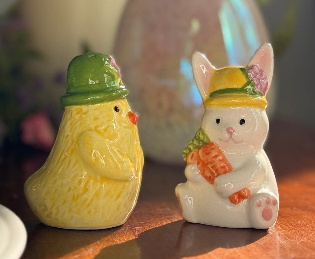 Spring Chick and Bunny Salt and Pepper Shaker Set, Easter Decoration, Ceramic, Yellow and White, 3.25 Inches High, 2 Piece Set with Gift Box
