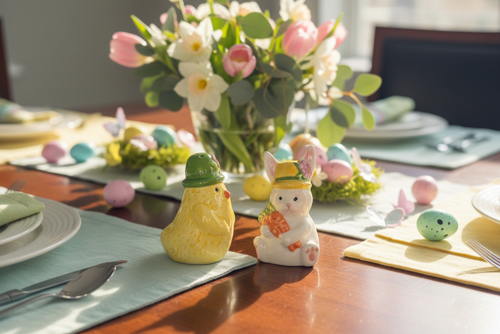 Spring Chick and Bunny Salt and Pepper Shaker Set, Easter Decoration, Ceramic, Yellow and White, 3.25 Inches High, 2 Piece Set with Gift Box