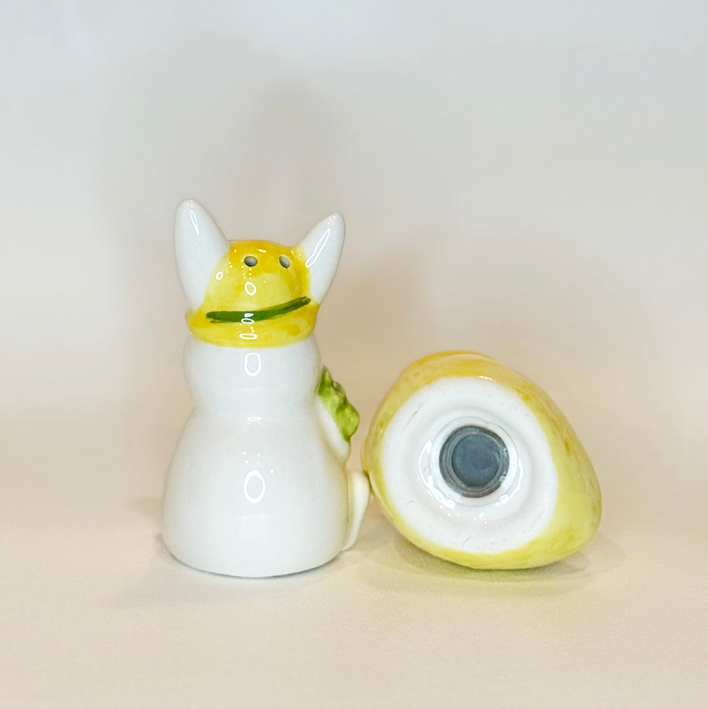 Spring Chick and Bunny Salt and Pepper Shaker Set, Easter Decoration, Ceramic, Yellow and White, 3.25 Inches High, 2 Piece Set with Gift Box