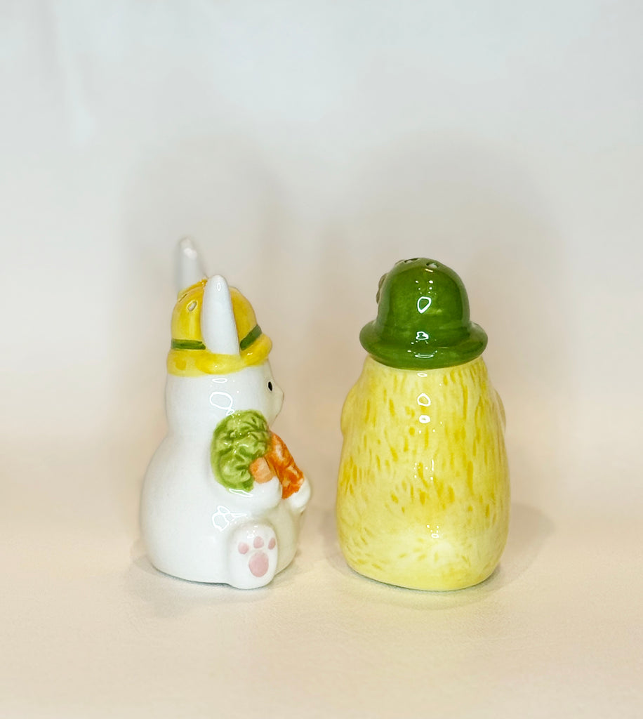 Spring Chick and Bunny Salt and Pepper Shaker Set, Easter Decoration, Ceramic, Yellow and White, 3.25 Inches High, 2 Piece Set with Gift Box