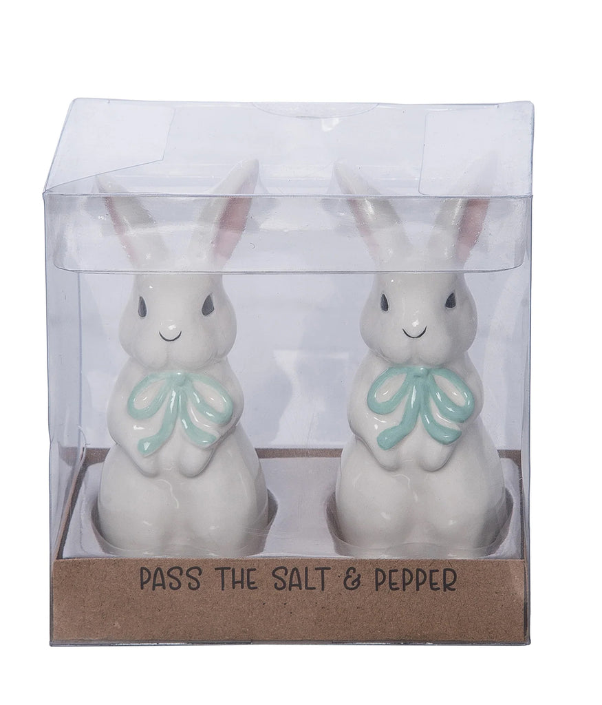 Ceramic Easter Bunny Salt and Pepper Shaker Set, White with Pink and Green Bows, 3.5 Inch, Cute Rabbit Couple, Spring Decoration