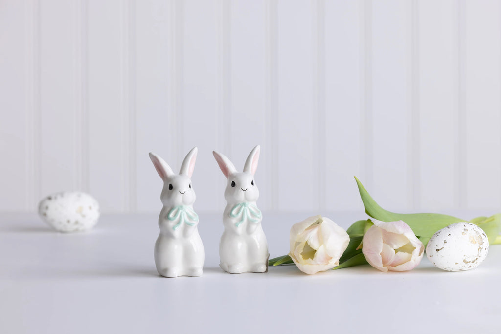 Ceramic Easter Bunny Salt and Pepper Shaker Set, White with Mint Green Bows, 4 Inch, Cute Rabbit Couple, Spring Decoration, Set of 2