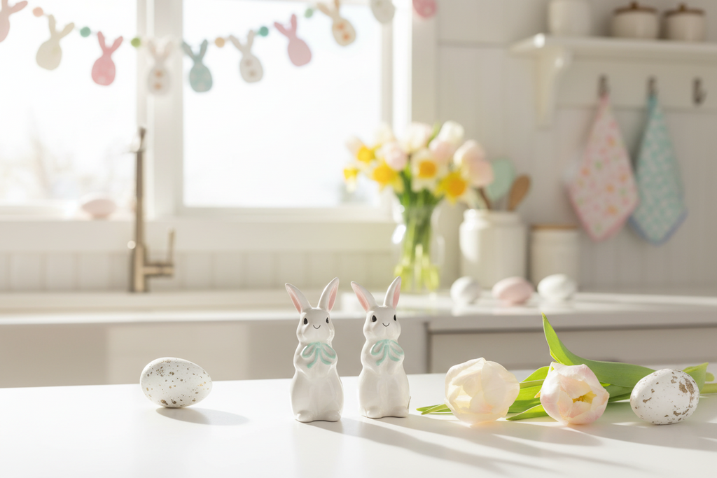 Ceramic Easter Bunny Salt and Pepper Shaker Set, White with Mint Green Bows, 4 Inch, Cute Rabbit Couple, Spring Decoration, Set of 2