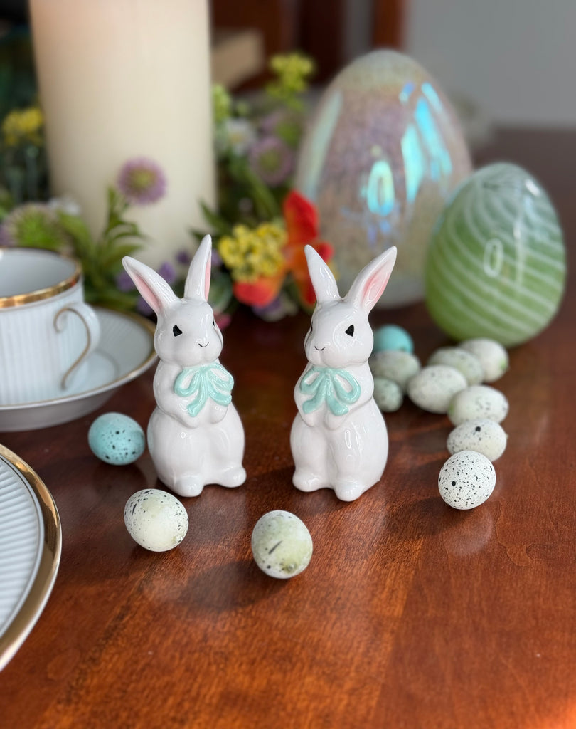 Ceramic Easter Bunny Salt and Pepper Shaker Set, White with Mint Green Bows, 4 Inch, Cute Rabbit Couple, Spring Decoration, Set of 2