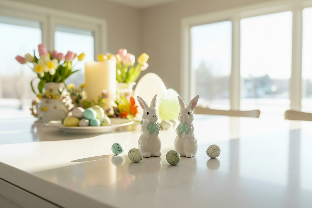 Ceramic Easter Bunny Salt and Pepper Shaker Set, White with Mint Green Bows, 4 Inch, Cute Rabbit Couple, Spring Decoration, Set of 2