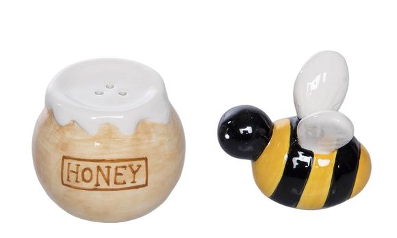 Honey Bee with Honey Pot Salt and Pepper Shaker Set, Ceramic, Yellow and Black, Spring and Summer Kitchen and Dining Decor, 2.5" x 5.75" x 4.5", Gift Box Included
