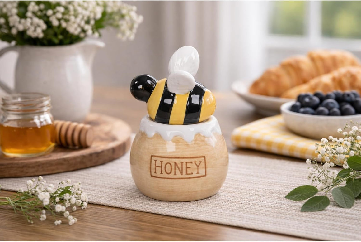 Honey Bee with Honey Pot Salt and Pepper Shaker Set, Ceramic, Yellow and Black, Spring and Summer Kitchen and Dining Decor, 2.5" x 5.75" x 4.5", Gift Box Included