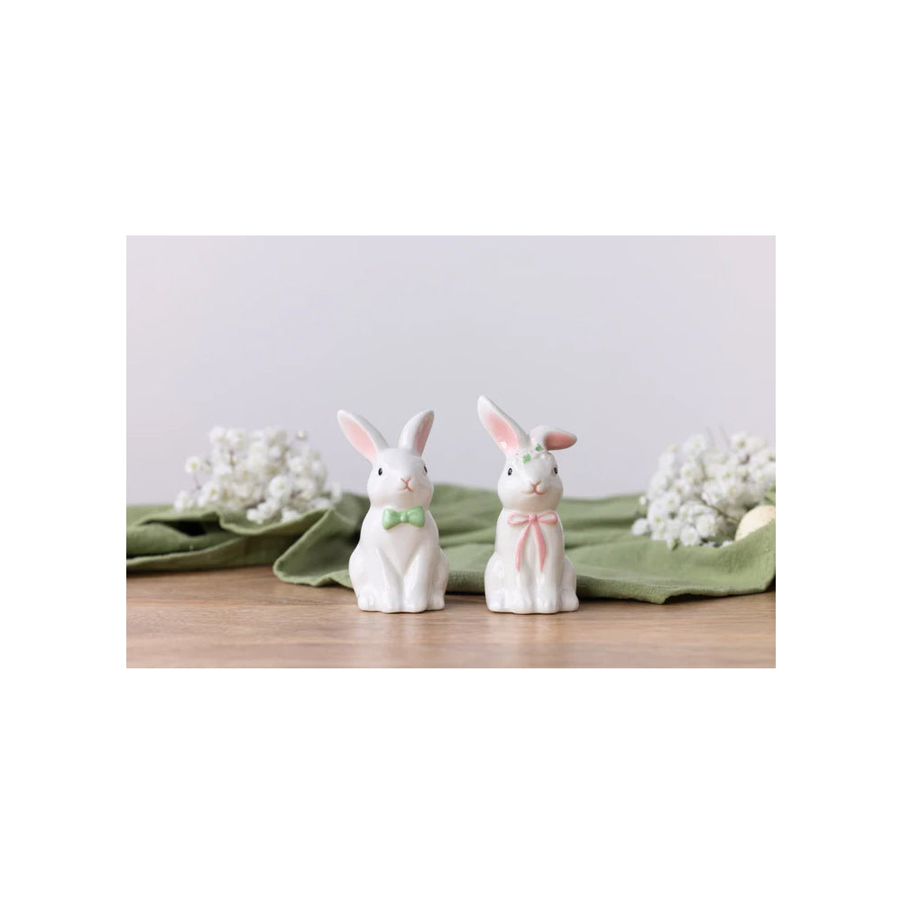 Ceramic Easter Bunny Salt and Pepper Shaker Set, White with Pink and Green Bows, 3.5 Inch, Cute Rabbit Couple, Spring Decoration