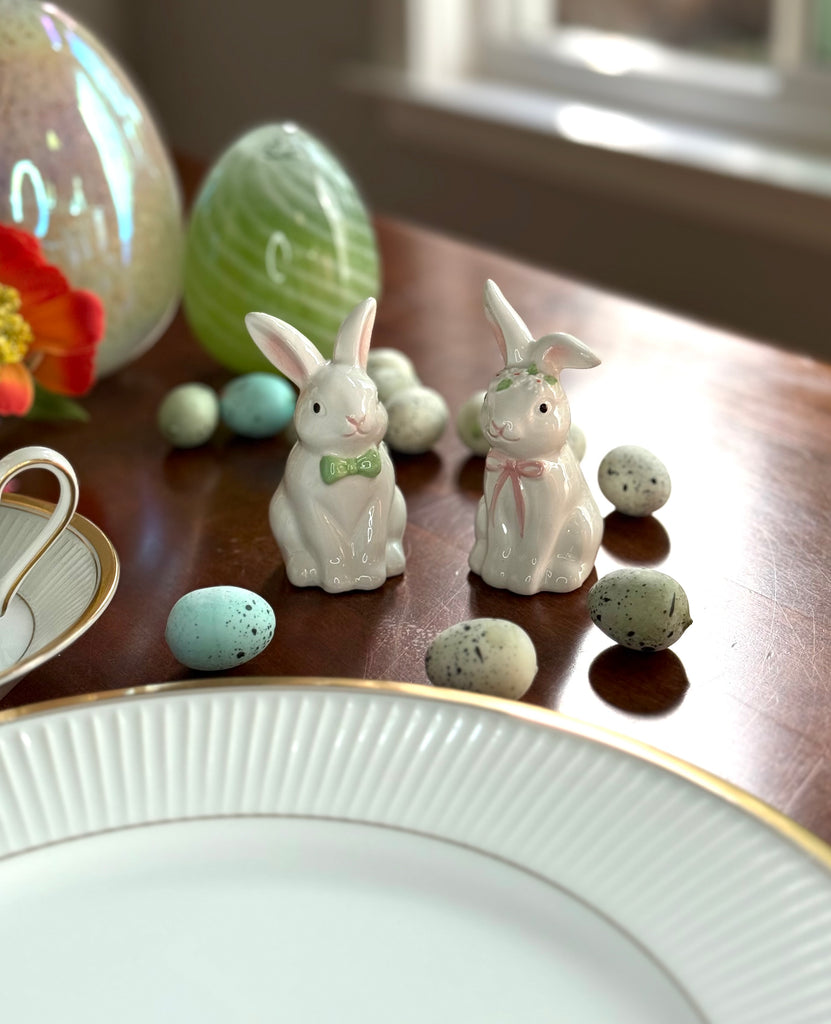 Ceramic Easter Bunny Salt and Pepper Shaker Set, White with Pink and Green Bows, 3.5 Inch, Cute Rabbit Couple, Spring Decoration