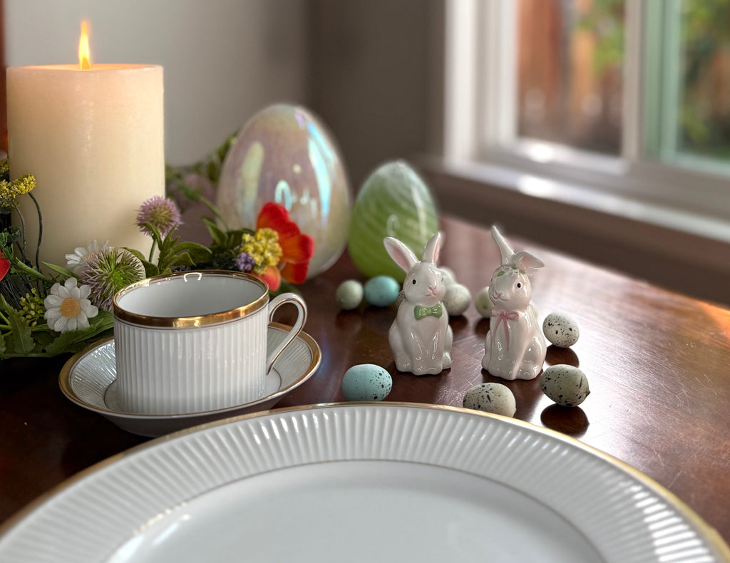 Ceramic Easter Bunny Salt and Pepper Shaker Set, White with Pink and Green Bows, 3.5 Inch, Cute Rabbit Couple, Spring Decoration