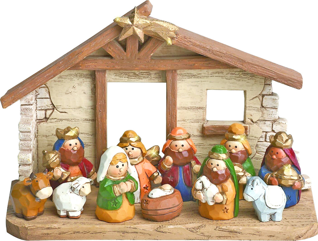 Miniature Christmas Nativity Scene with Creche, Gold Accents, Set of 11 Figurines, 5.75 x 4 inches, Polyresin