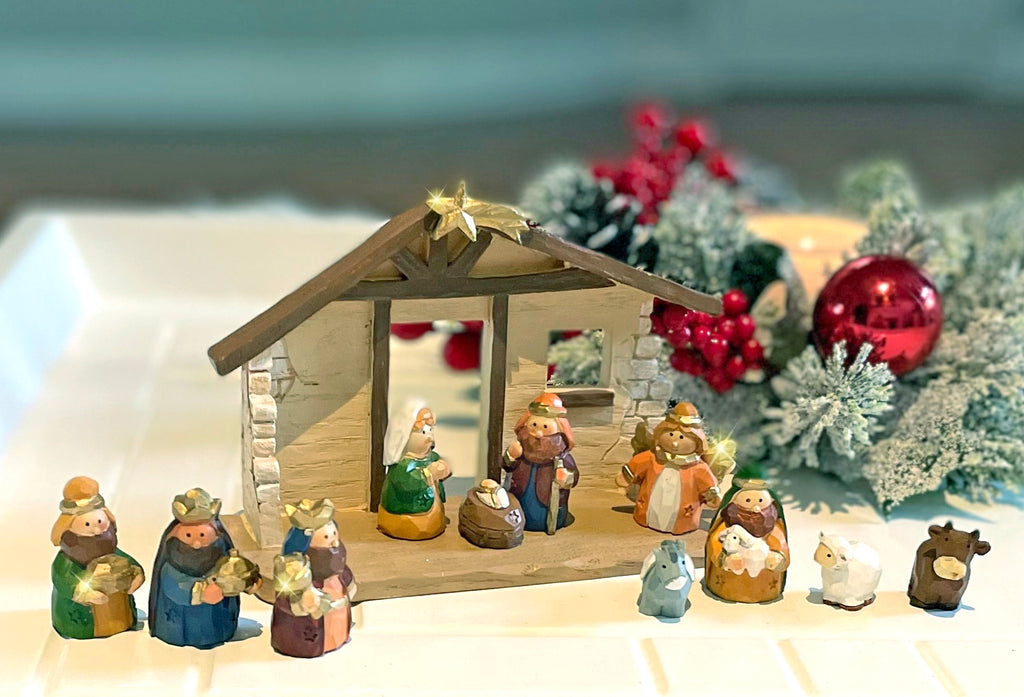 Miniature Christmas Nativity Scene with Creche, Gold Accents, Set of 11 Figurines, 5.75 x 4 inches, Polyresin