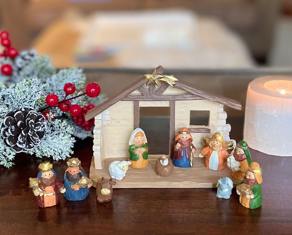 Miniature Christmas Nativity Scene with Creche, Gold Accents, Set of 11 Figurines, 5.75 x 4 inches, Polyresin