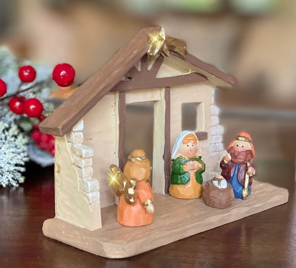 Miniature Christmas Nativity Scene with Creche, Gold Accents, Set of 11 Figurines, 5.75 x 4 inches, Polyresin