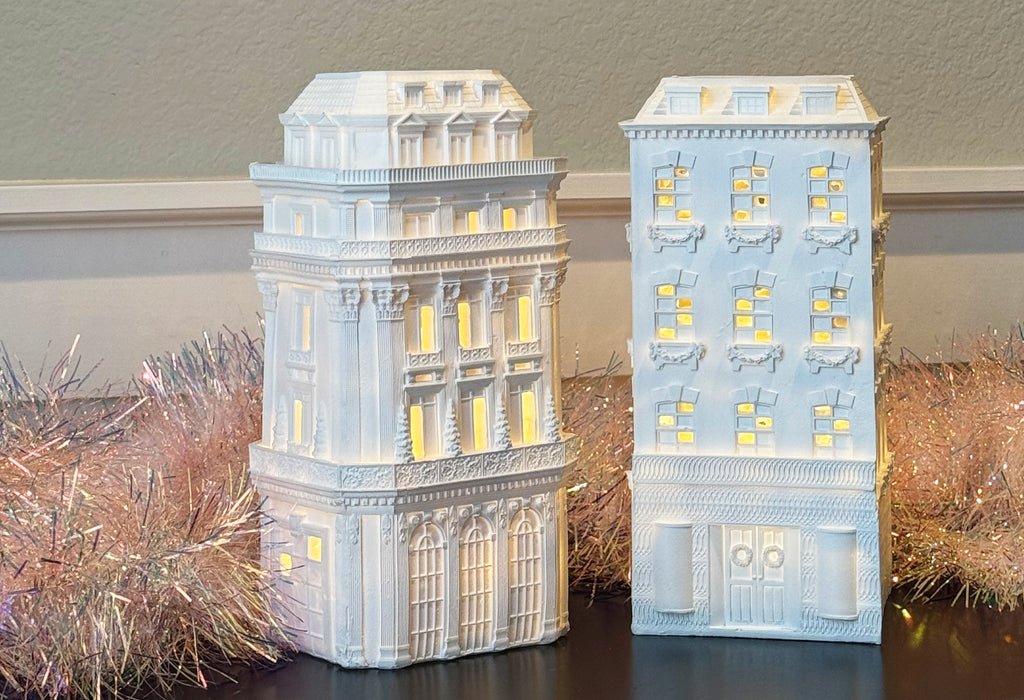 Christmas Lighted Townhouses Set of 2, White Mansions, 9 x 4 x 4 inches, Vintage Style Holiday Decor, Battery Operated