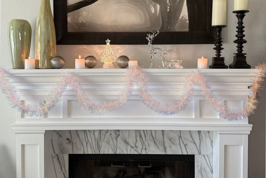 Pink Tinsel Christmas Garland, 12 ft x 3.5 inch, Reflective Soft Pink, Invisible Wire for Shaping, Glam Holiday Decor
