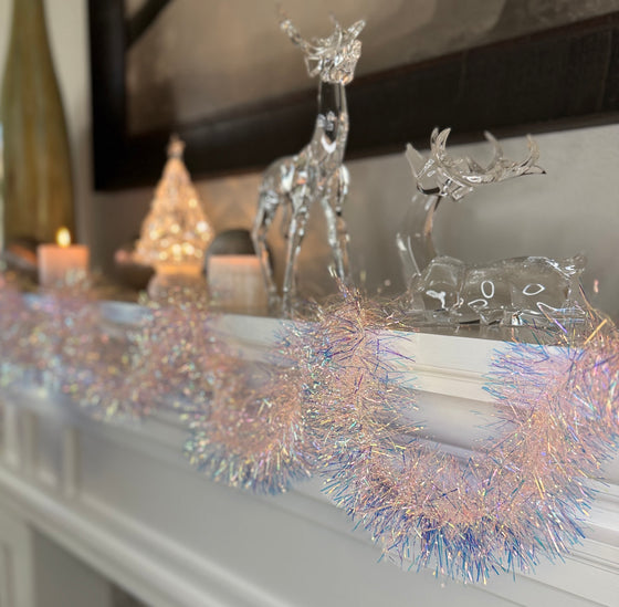 Pink Tinsel Christmas Garland, 12 ft x 3.5 inch, Reflective Soft Pink, Invisible Wire for Shaping, Glam Holiday Decor