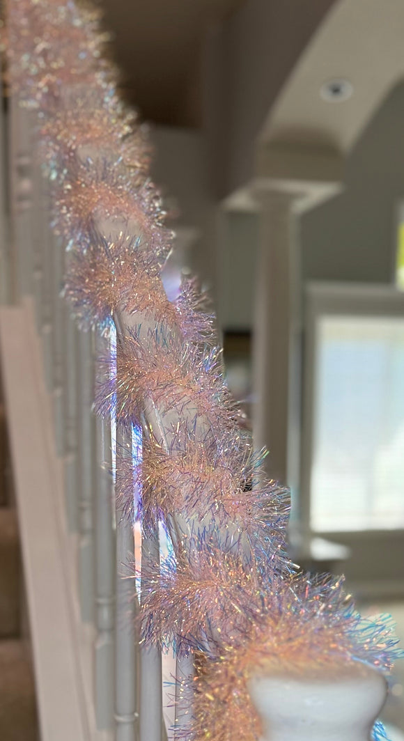 Pink Tinsel Christmas Garland, 12 ft x 3.5 inch, Reflective Soft Pink, Invisible Wire for Shaping, Glam Holiday Decor