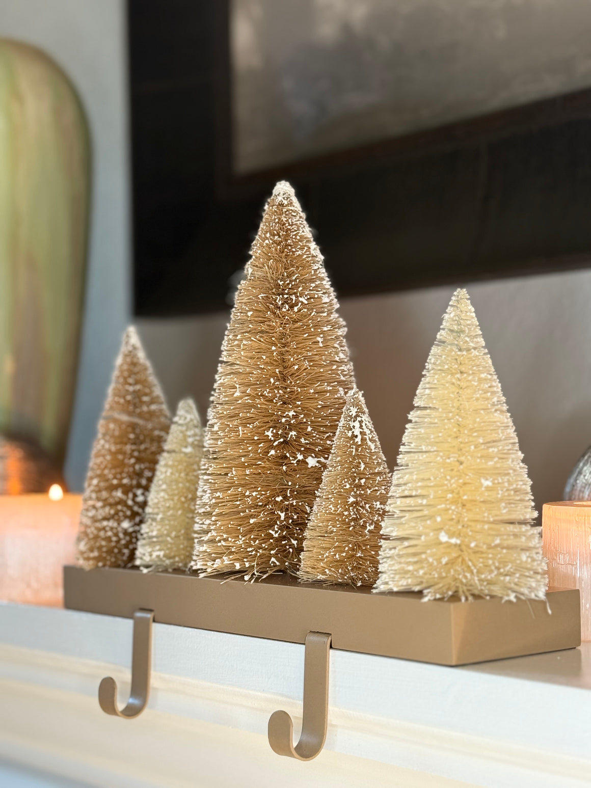 Christmas Tree Stocking Holder with Snow-Tipped Sisal Trees, Metal Base, 11.75 x 8.75 Inches, Cream and Taupe