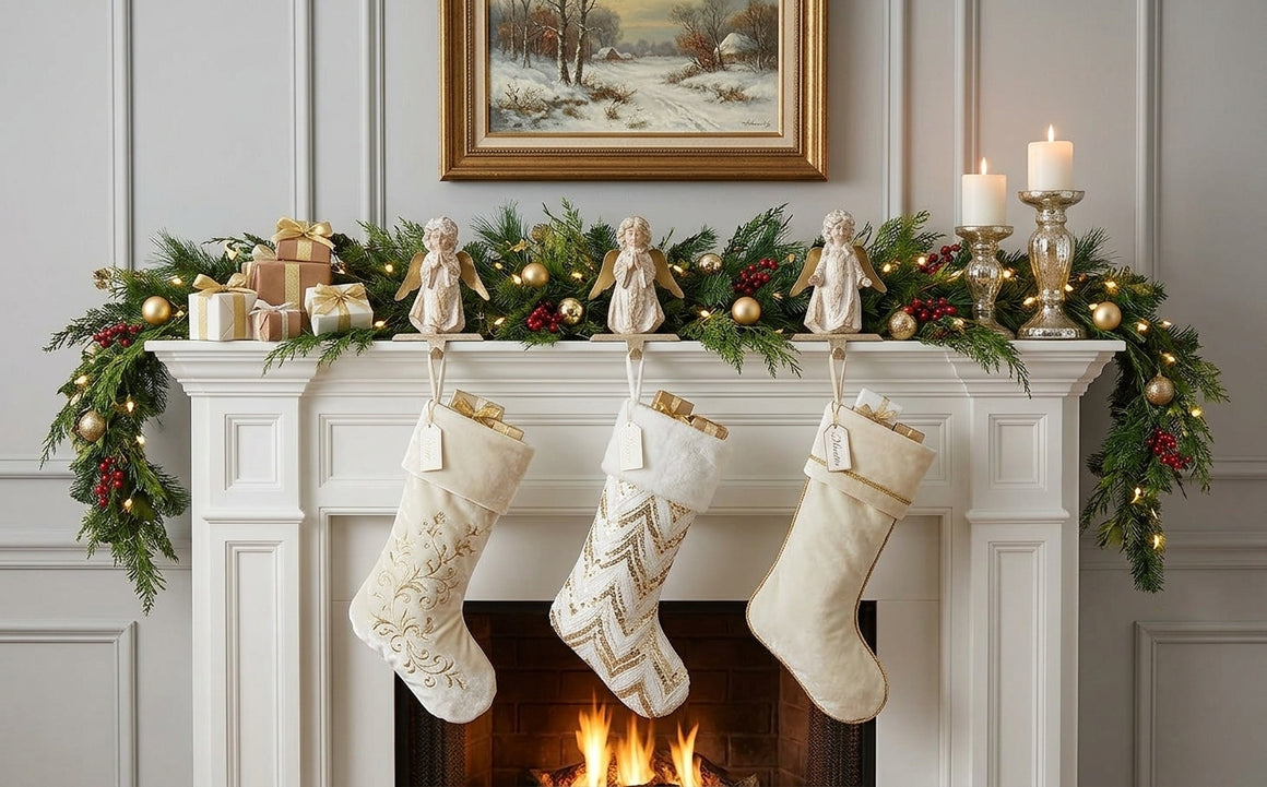 Angel Christmas Stocking Holders, Gold & White, Set of 3