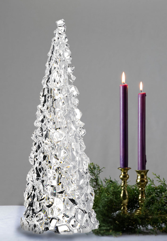 12 Inch Clear Acrylic Christmas Cone Tree, Faux Cut Glass Look, Faceted Style Spanning Christmas Cone Tree