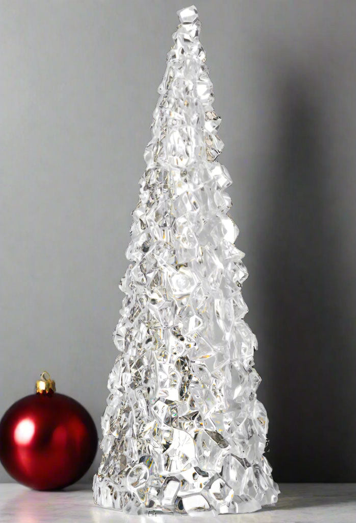 12 Inch Clear Acrylic Christmas Cone Tree, Faux Cut Glass Look, Faceted Style Spanning Christmas Cone Tree