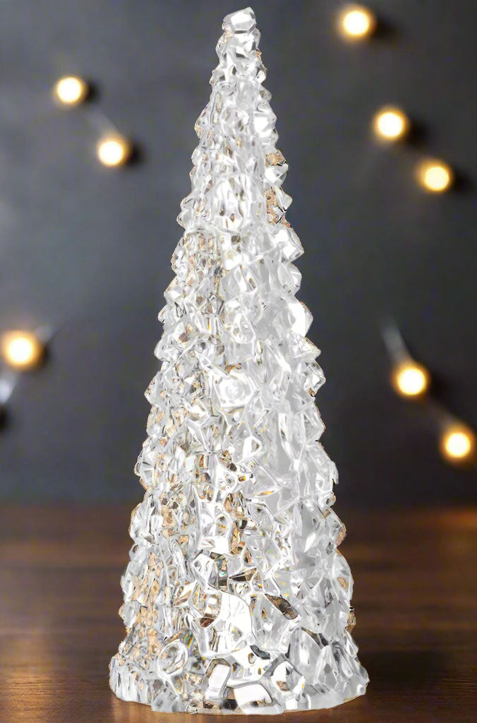 12 Inch Clear Acrylic Christmas Cone Tree, Faux Cut Glass Look, Faceted Style Spanning Christmas Cone Tree