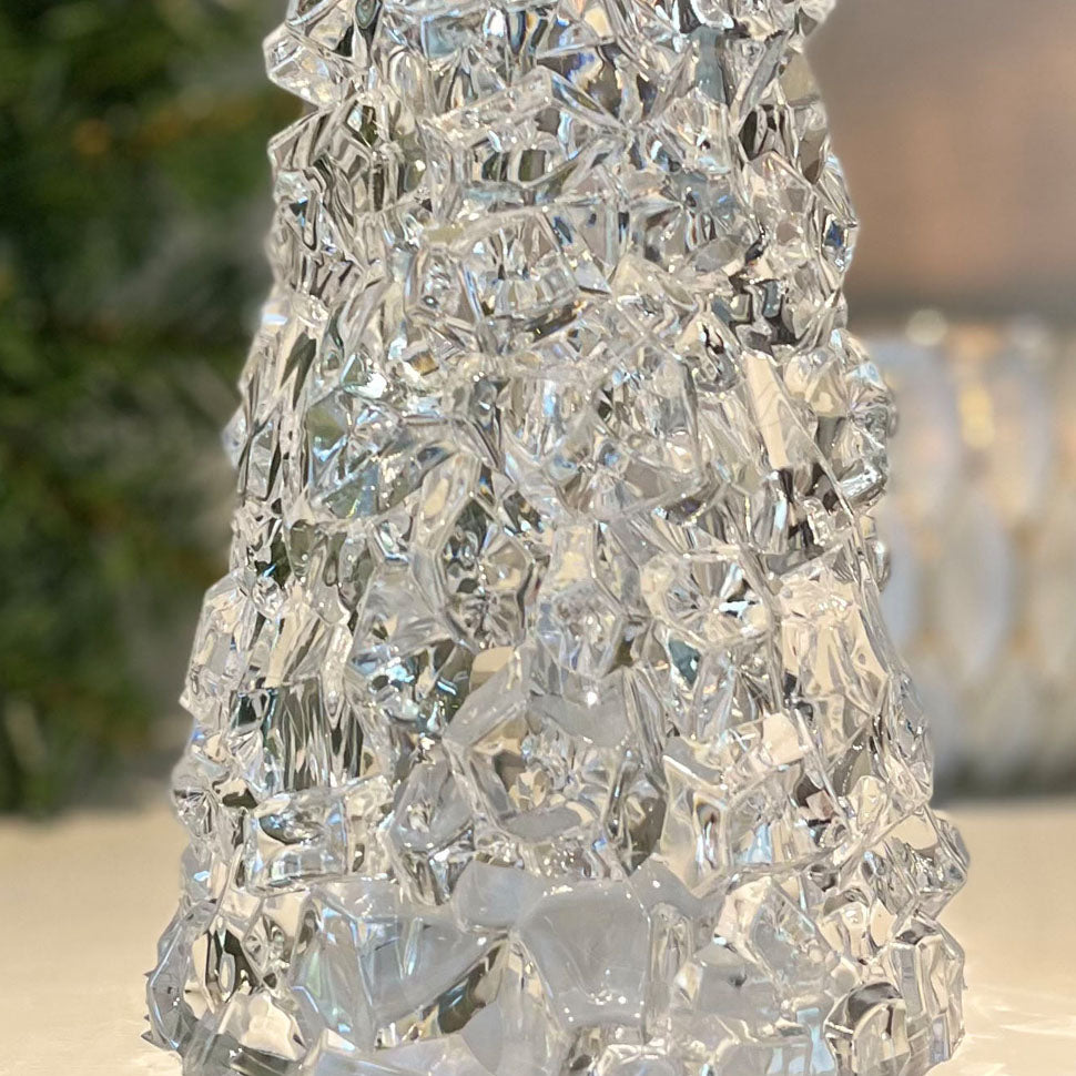 12 Inch Clear Acrylic Christmas Cone Tree, Faux Cut Glass Look, Faceted Style Spanning Christmas Cone Tree