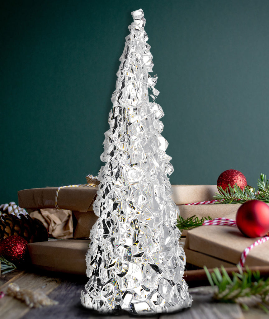 12 Inch Clear Acrylic Christmas Cone Tree, Faux Cut Glass Look, Faceted Style Spanning Christmas Cone Tree