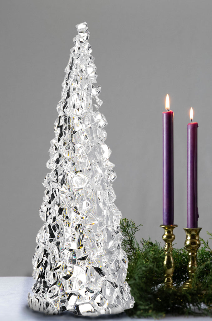 12 Inch Clear Acrylic Christmas Cone Tree, Faux Cut Glass Look, Faceted Style Spanning Christmas Cone Tree