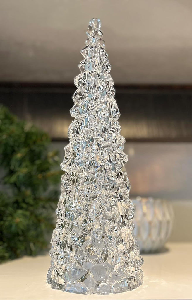 12 Inch Clear Acrylic Christmas Cone Tree, Faux Cut Glass Look, Faceted Style Spanning Christmas Cone Tree