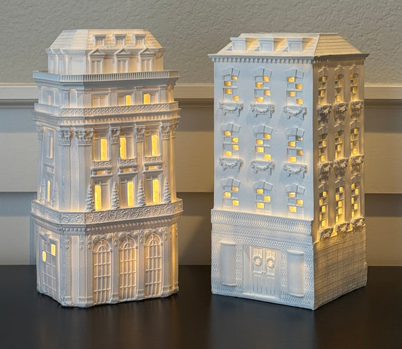 Christmas Lighted Townhouses Set of 2, White Mansions, 9 x 4 x 4 inches, Vintage Style Holiday Decor, Battery Operated