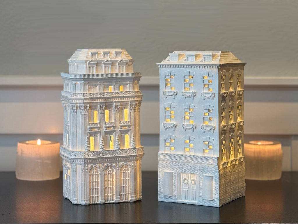 Christmas Lighted Townhouses Set of 2, White Mansions, 9 x 4 x 4 inches, Vintage Style Holiday Decor, Battery Operated