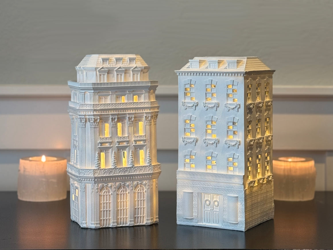 Christmas Lighted Townhouses Set of 2, White Mansions, 9 x 4 x 4 inches, Vintage Style Holiday Decor, Battery Operated