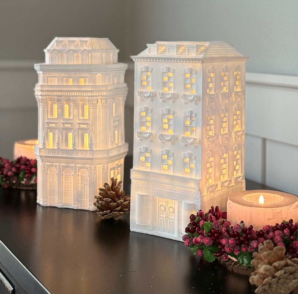Christmas Lighted Townhouses Set of 2, White Mansions, 9 x 4 x 4 inches, Vintage Style Holiday Decor, Battery Operated
