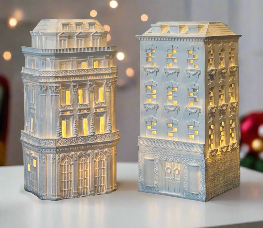 Christmas Lighted Townhouses Set of 2, White Mansions, 9 x 4 x 4 inches, Vintage Style Holiday Decor, Battery Operated