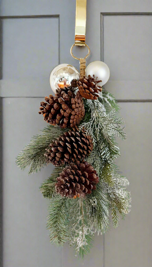 TenWaterloo Christmas Door Swag with Pine Cones, 16 inch Silver Frosted Mixed Pine Winter Swag with Ornaments