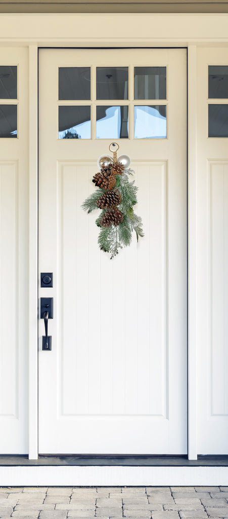 TenWaterloo Christmas Door Swag with Pine Cones, 16 inch Silver Frosted Mixed Pine Winter Swag with Ornaments