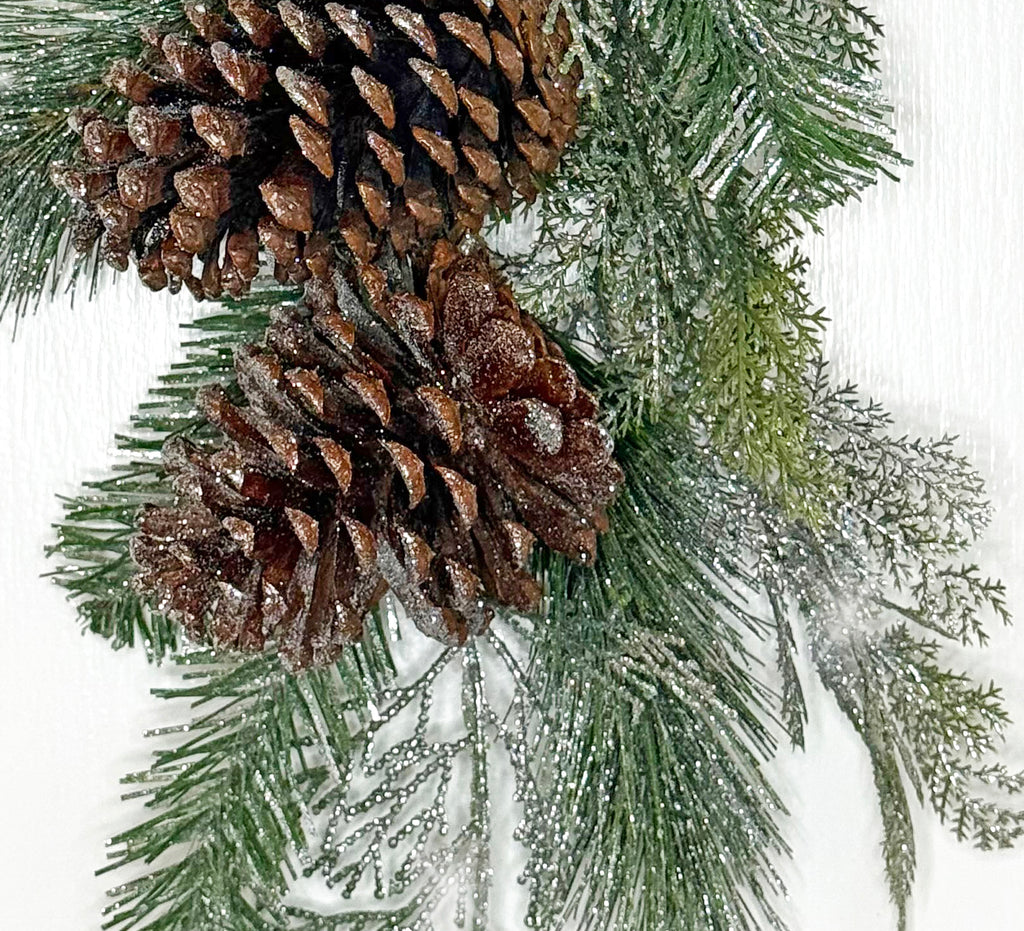 TenWaterloo Christmas Door Swag with Pine Cones, 16 inch Silver Frosted Mixed Pine Winter Swag with Ornaments