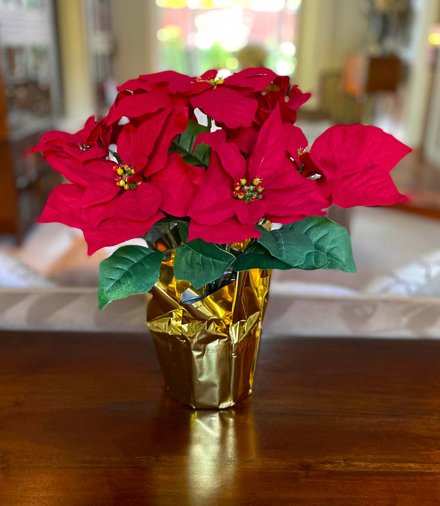 TenWaterloo 15" Potted Red Poinsettia Plant with 7 Flowers, Artificial Potted Poinsettia, Christmas Decoration, Gold Foil Wrapped Pot