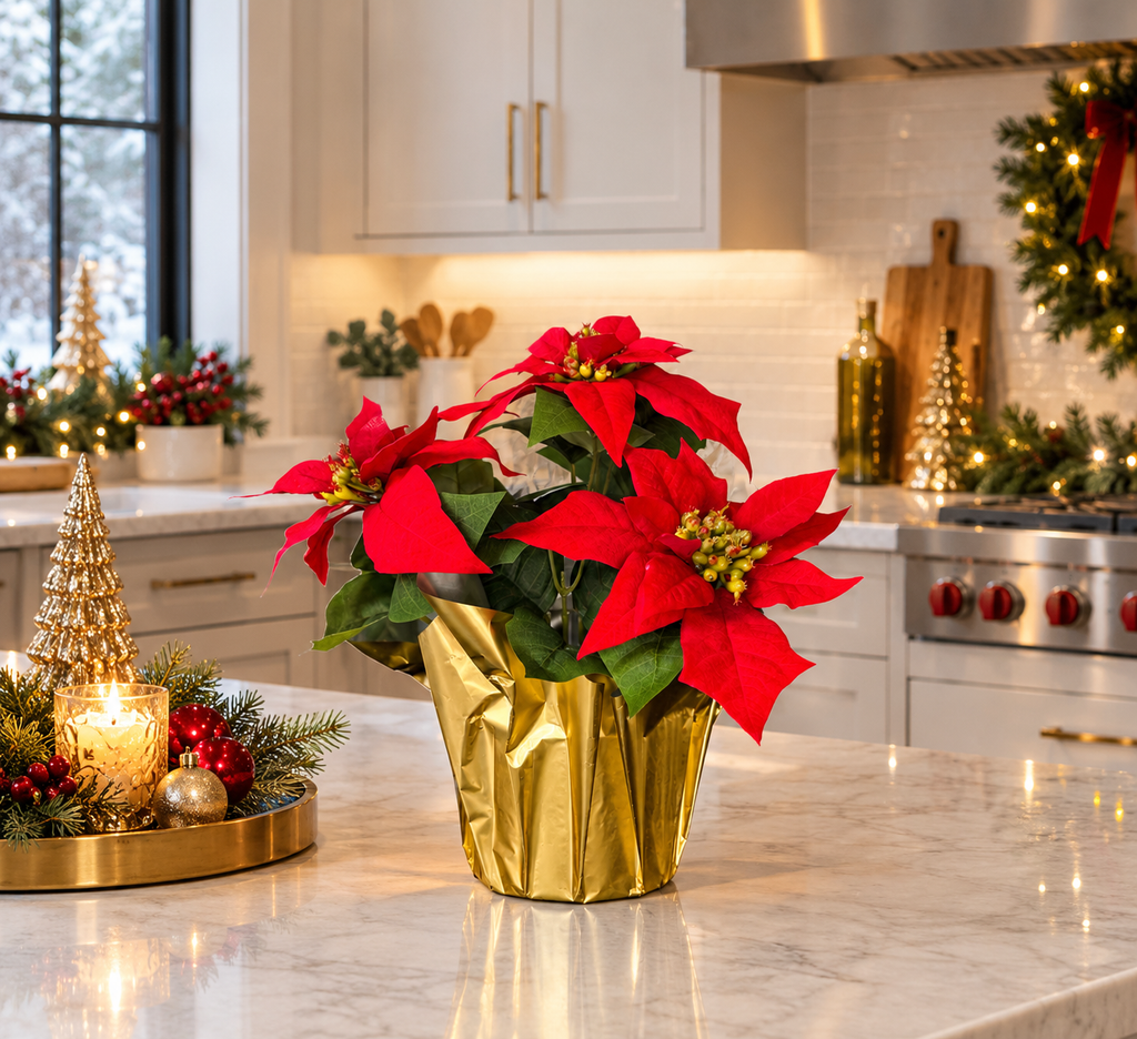 Artificial Poinsettia in Gold Foil Wrap, 12" Velvet Look