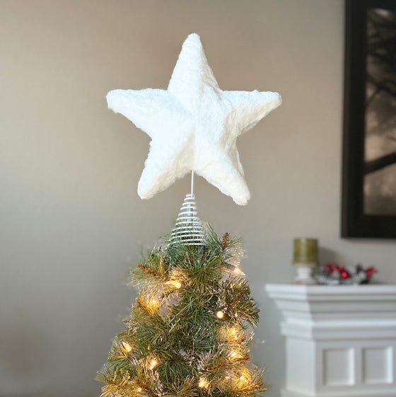 White Plush Fur Star Christmas Tree Topper, 13 Inch High, Modern Glam Holiday Decoration with Spiral Base