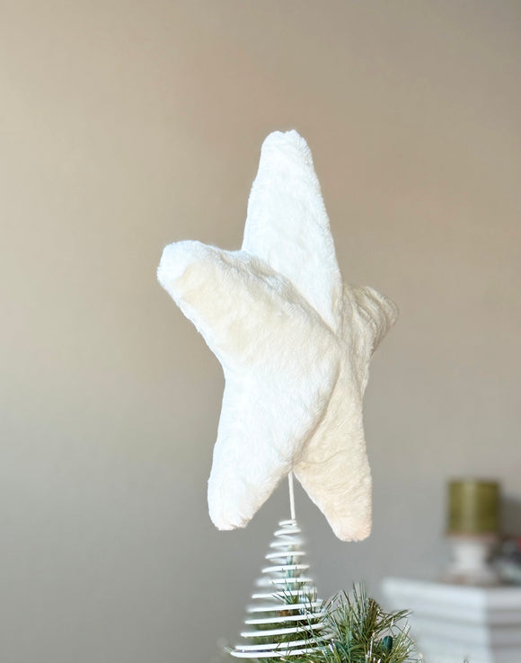 White Plush Fur Star Christmas Tree Topper, 13 Inch High, Modern Glam Holiday Decoration with Spiral Base