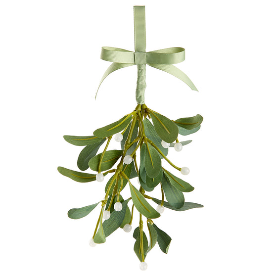 TenWaterloo Christmas Artificial Mistletoe Plant Decoration 12 Inches Long - Mistletoe Branch Holiday Hanging Decoration with Green Ribbon Accent and White Berries, Christmas Mistletoe Ornament, Qty 1