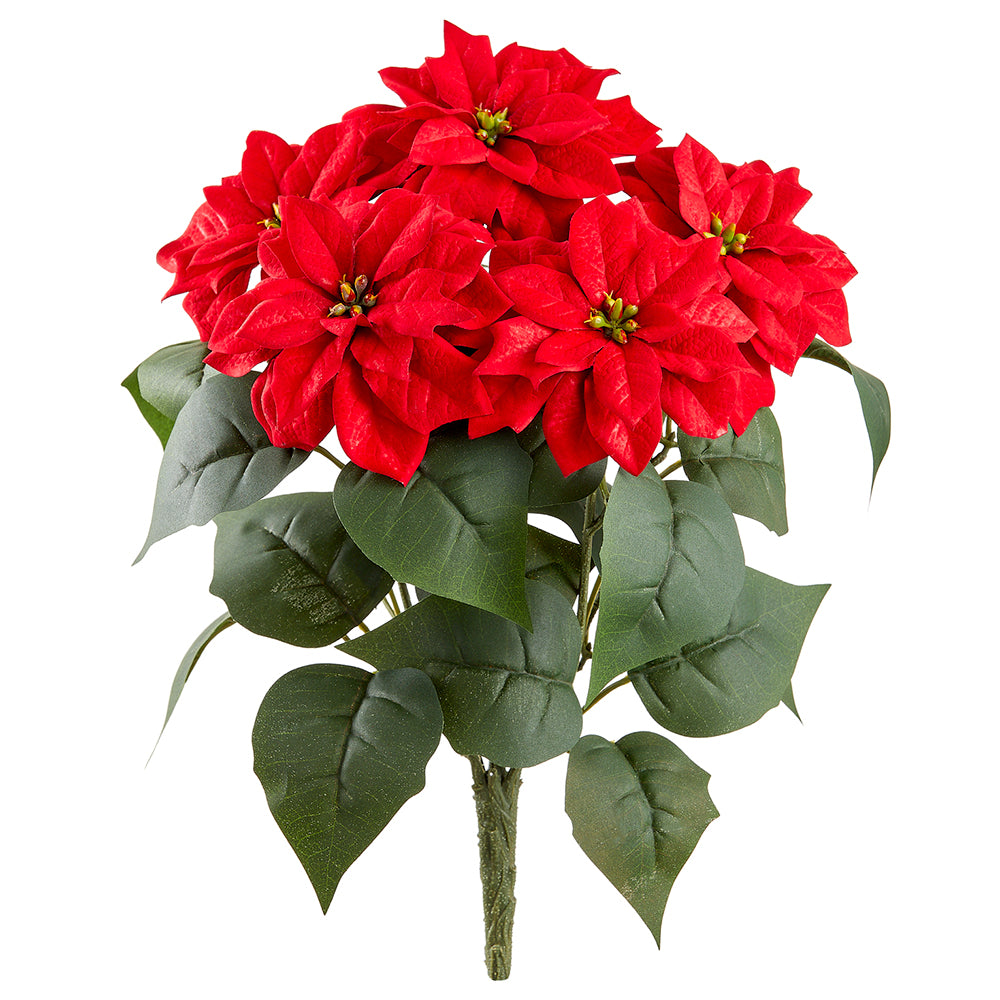 Red Christmas Velvet Poinsettia Bush, Artificial Floral, 14 Inches High, 5 Blossoms